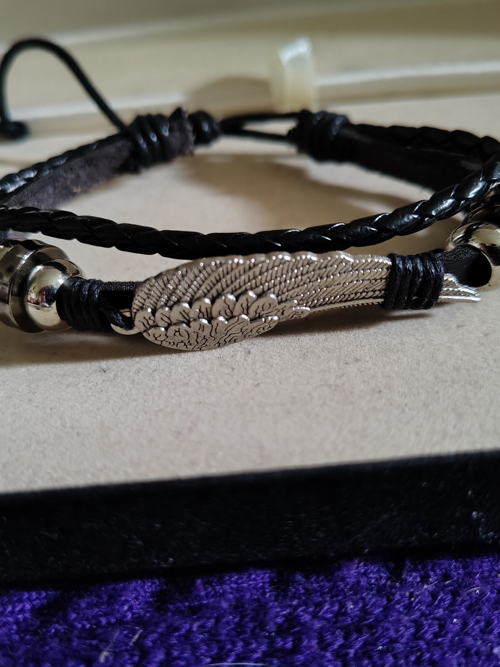 🪽 Braided Leather Angel Wing Charm Bracelet - Black/Silver 🪽